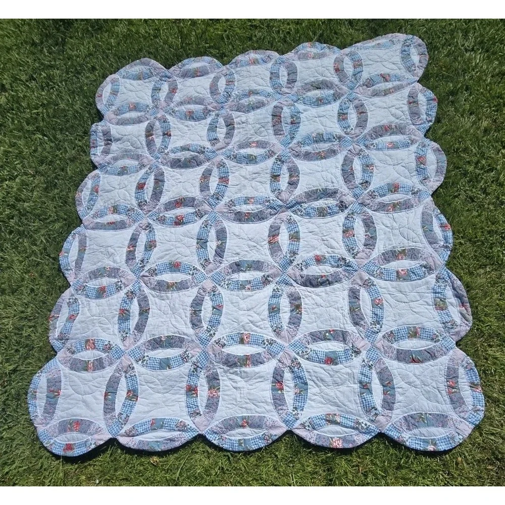 Handmade vintage double wedding ring quilt blue floral gingham Heirloom Cottage